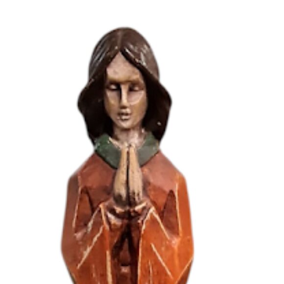 Religious Woman In Prayer Virgin Mary Praying Folk Art Style Faux Wood 15" - Picture 4 of 4